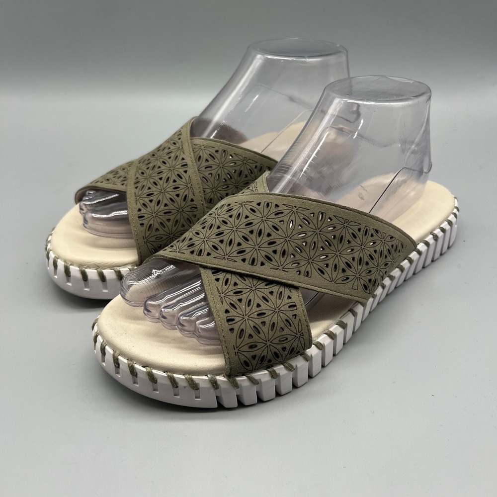 Ilse Jacobsen Tulip Sandals Women Size 40 Army Green Laser Cut Criss Cross EUC